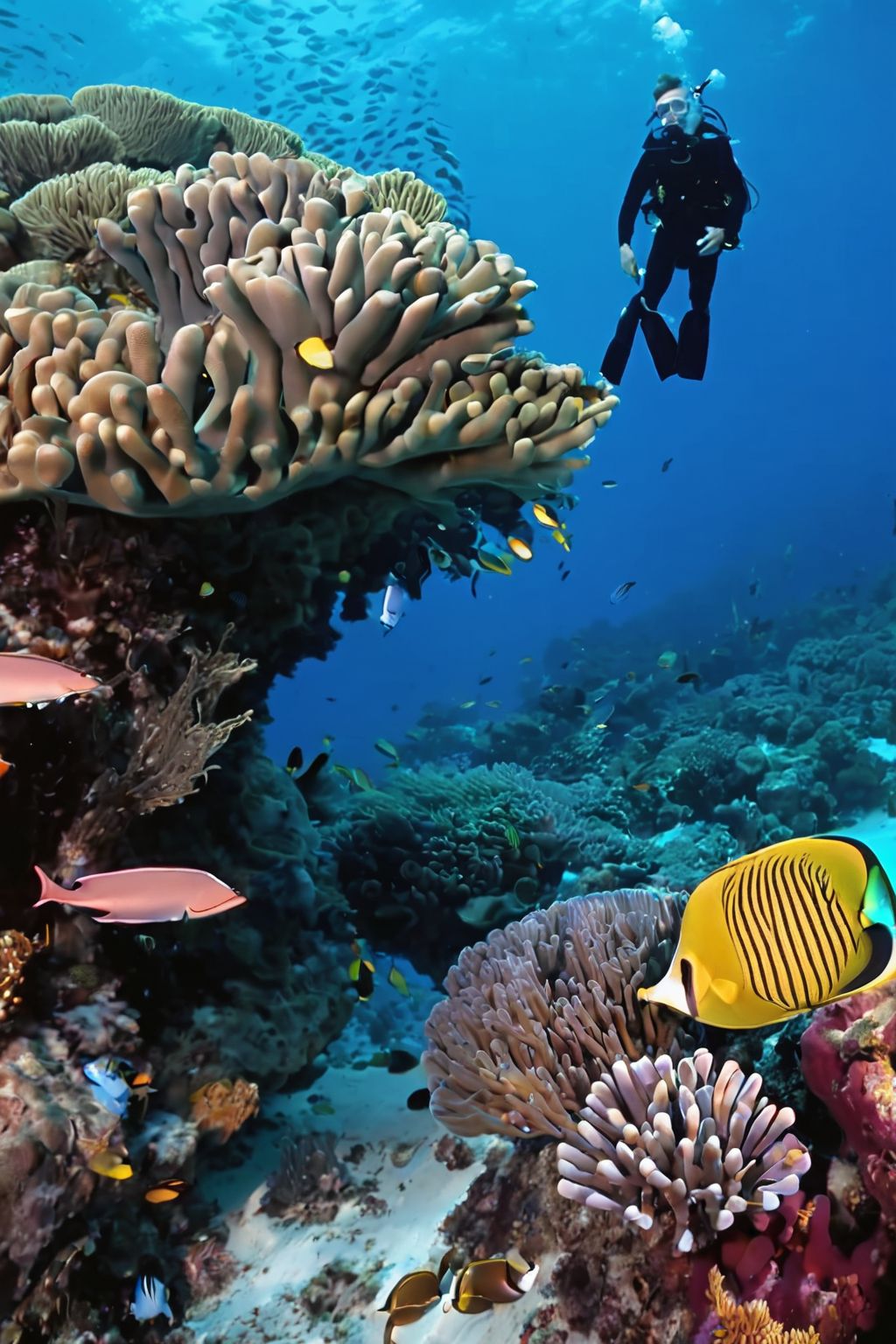 Bunaken National Park is clear blue water and colorful coral reefs with tropical fish.